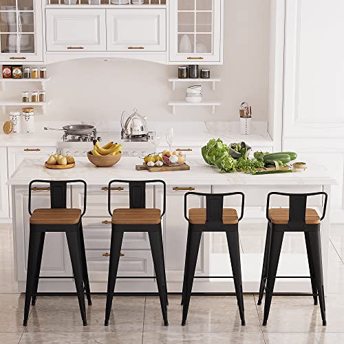POINTANT Bar Stools Set of 4 Metal Bar Stool Counter Height Bar Stools 26" Black Modern Bar Chairs with Back and Wooden Seat Bar Stools Counter H