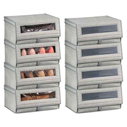 mDesign Set of 8 Shoe Storage Box – Large Fabric Shoe Box with Lid and Transparent Vinyl Window – Ideal Footwear Storage and Shoe Organiser Unit