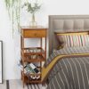 FATIVO Retro Bedside Table 2-Tier Square Nightstand with Drawer Sturdy Bamboo Sofa End Table Indoor Plant Display Table Coffee Side Table for Liv