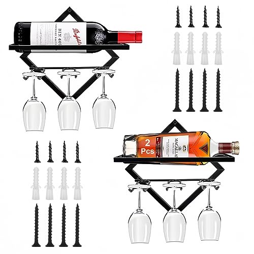 WOPPLXY 2 Pcs Wall Mounted Metal Wine Rack, Upgrade Foldable Metal Hanging Wall Wine Rack Organizer, Red Wine Bottle Display Hanger with Screws f