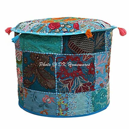 DK Homewares Vintage Indian Patchwork Hassock Turquoise Blue Pouffes Foot Stool Cover Living Room Decor Mirror Floral Round Cotton Footstools Ott