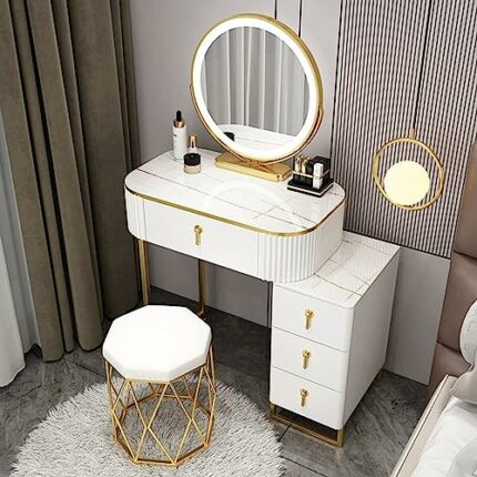 HAWEWE Vanity Desk 3-Color LED Light Mirror Modern Makeup Vanity Set With Nightstand Stool Dressing Table For Girls Women For Bedroom Bathroom (S