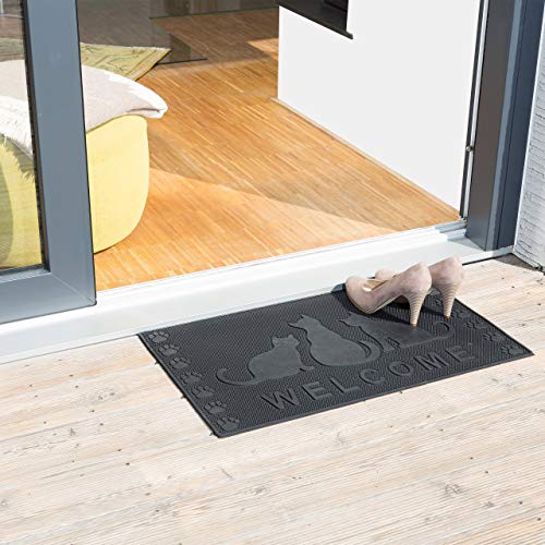 Relaxdays Rubber Doormat with Cat Pattern, Welcome Mat of Anti-Slip and Weather-Proof in Snow and Rain with Cats 0.5 x 75 x 45 cm, Black
