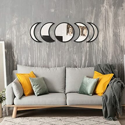 Ata Pleksi Moon Phase Mirror Set, 5 Pieces Home Decor Bohemian Moon Mirror Scandinavian Natural Decor Wall Decorative Mirror for Living Room Bedr