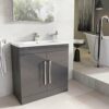 The Bath People Newton 600mm Bathroom Anthracite Grey Vanity Unit | Floor Standing Includes White Glass Basin With Soft Close Doors | Bathroom St