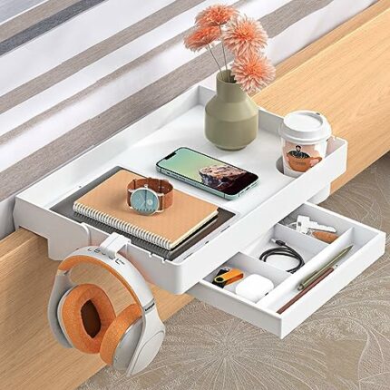 SPACEKEEPER Folding Bedside Shelf with Drawer Clip On Nightstand Hanging Tray Organizer with Deep Cup Holder for Bed & Bunk Bed College Dorm Esse