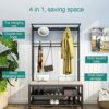 Coat rack with bench, free-standing coat rack with shoe rack 2 shelves, multifunctional metal frame clothes rack with 9 hooks, industrial design,