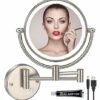 RECKODOR Led Vanity Mirror Wall Mounted Gold 8" Brass Rechargeable Lighted, 1X/5X Magnifying Double Sided Make up Mirror with Light, 360 Swivel E