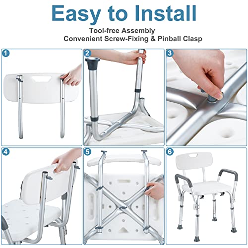 NArra Shower Stool, Height Adjustable Shower Chair with Detachable Armrests Backrest, Perching Stool Load up to 150kg with Non-Slip Foot Pads, Ba