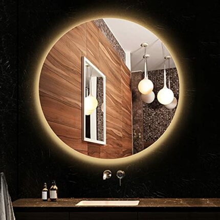 SkiPdr Bathroom Mirror Large round Illuminated Led, Backlit, Wall Mounted Lighted Makeup Vanity Bathroom Living ?Room Bedroo, Warm Light round, 7