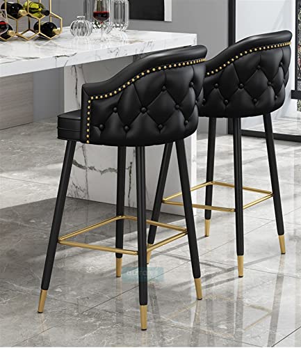 Orange Leather Island High Bar Chairs Barstools Set of 2 Counter Height Upholstered with Nailheads and Gold Tipped Black Metal Legs, Leisure Coun
