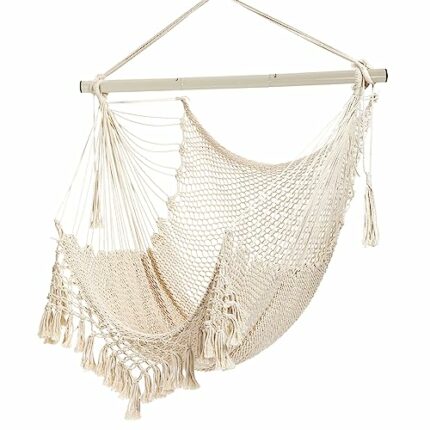 Hammock Chair，Max 150kg, Large Hanging Chair, Soft Cotton Rope Swing Chair With High Load-Bearing Metal Rod,Indoor Outdoor Garden Yard Living Roo