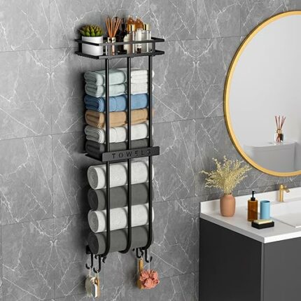 ZDDLOINP Towel Holder, Bathroom Towel Rack Comes with Four Hooks, Towel Rail Wall Mounted is Used to Store Towels Placed Messily in The Bathroom,