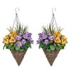 2 x Artificial Yellow and White Faux Silk Pansies and Grasses Rattan Cone Shaped Hanging Baskets Ideal for Home, Business, Outdoor Living 64cm/25