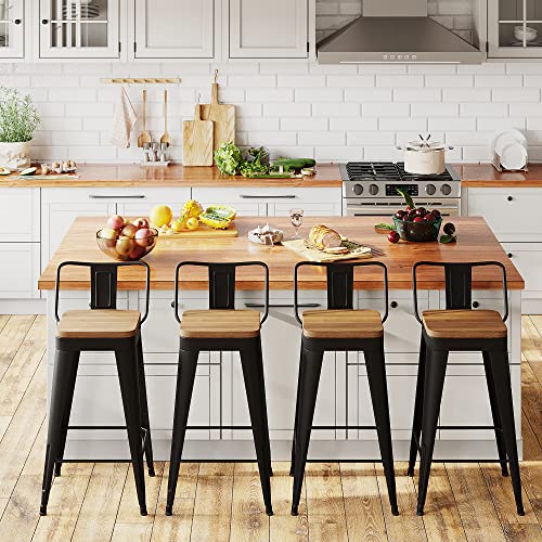 POINTANT Bar Stools Set of 4 Metal Bar Stool Counter Height Bar Stools 26" Black Modern Bar Chairs with Back and Wooden Seat Bar Stools Counter H