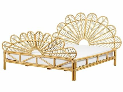 Boho Modern Bedroom EU Super King Size Bed with Slatted Base 6ft Rattan Decorative Braided Peacock Headboard Light Wood Florentine
