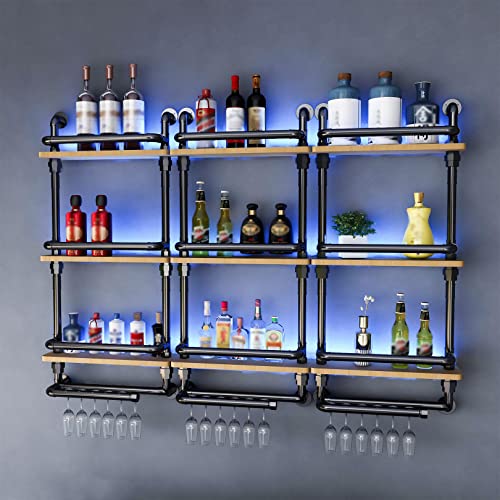 Wine Rack Wall Mounted 3 Tier with Lights, Hanging Floating Small Mini Bar Liquor Shelves with Glass Holder Storage, Industrial Rustic Pipe Farmh