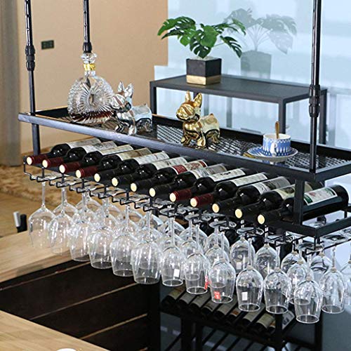 EYLINK Wine Racks,Cafe Hanging with Glass Holder and Shelf, Adjustable Metal Ceiling Bar Wine Glass Rack,80Cm, 2-Layer Industrial Iron Bottle Hol