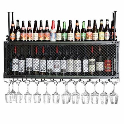 KEppd Wine Rack Wall Mounted - Wine Rack Wall-Mounted Wine Glass Holder Double Wine Bottle Holder Wall Shelf Storage Organizer Rack, Metal Frame,