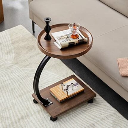 Gelory Sofa End Table, Narrow Side Table C Shaped Sofa Side Table with Metal Frame, Coffee Snack Couch Table for Living Room, Bedroom, Bedside (C