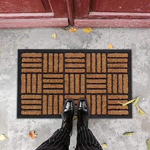 Relaxdays Geometrical Rubber Welcome Doormat, 45 x 75 cm, Door Mat Inside & Outside, Non-Slip Wiper, Black/Coir