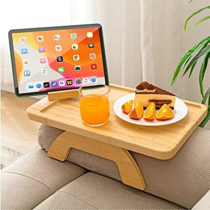 SITREMEN Bamboo Sofa Arm Tray Table with Rotating Mobile Holder, Rectangular Couch Armrest Tray, Clip on Sofa Tray Table for Wide Couches, Foldab