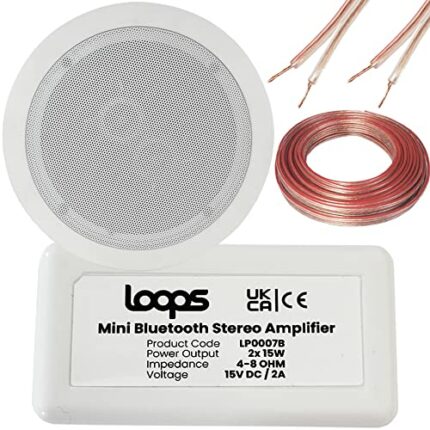 Loops SMART HOME Bluetooth Amplifier & 1x Premium Dual Coil Stereo Ceiling Speaker Kit – Compact HiFi Mini/Micro Amp – Kitchen Audio Music Player