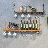 EMISOO Wall Storage Organizer Shelf Wine Rack, Wine Bottle Wall Hanging Wine Bottle Holder Metal and Wood Wine Glass Goblet Rack Cup Holder for B