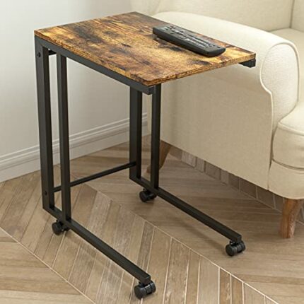 J JACKCUBE DESIGN Side End Tables with Rolling Casters, Vintage Couch Table for Coffee Laptop Tablet, with Steel Frame & Wheels, C Shaped Table f