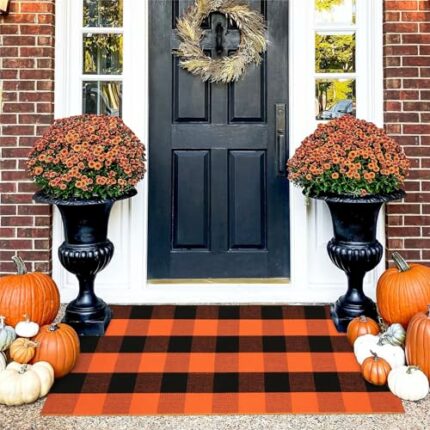 KIMODE Fall Outdoor Rug Buffalo Plaid Orange and Black 24"x51",Washable Cotton Fall Halloween Door Mat,Reversible Checkered Layering Rugs for Ent
