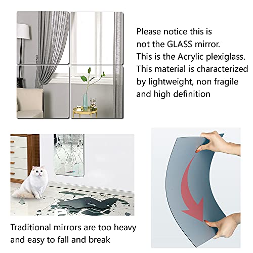 Full Body Wall Mirrors, 4pcs 12x12 Acrylic Plexiglass Mirror Wall-Mounted Full Length Frameless Mirror Over the Door Large Long Mirror Home Worko