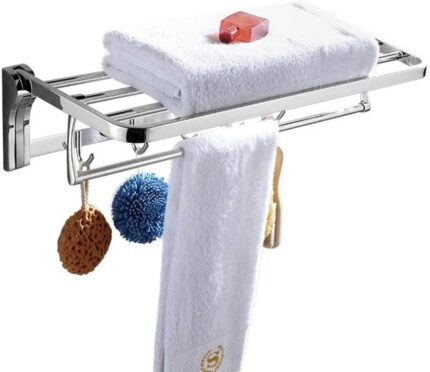 Wall Mounted Bath Towel Rack Bathroom Shelves with Hooks, Multifunctional Foldable Wall Mounted Double Storage Holder, Polished 304 Stainless Ste