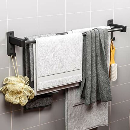 ANVAVA Double Towel Rails 60cm with Hooks, 23 inch Wall Mounted Bathroom Towel Holder Kitchen Towel Bar Rack, Space Aluminum, Matte Black