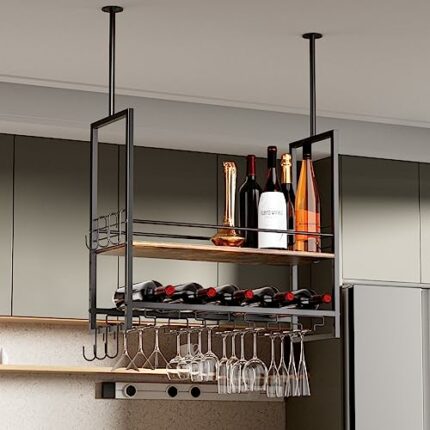 HOYRR Wine Glass Rack Hanging, Wine Glass Holder, 2 Tier Wine Glass Rack, Ceiling Wine Glass Rack, Wine Glass Rack With 2 Section Extension Pole,
