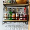 ybaymy Industrial Wine Rack 2-Tiers Wall Mounted Bar Shelves Home Wine Storage Racks with 5 Glasses Holder Hanging Rustic Wine Holder Wine Displa