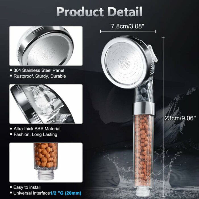 Shower Head High Pressure Handheld Powerful Rain Flow with Filter Beads Shower Heads for Hard Water 3 Spray Modes Water Saving Bathing Universal