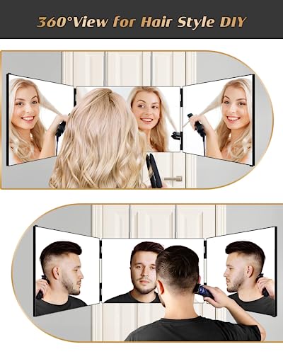 JUSRON 3 Way Mirror for Hair Cutting, 360° Mirror with Adjustable Hooks for Door, Portable Trifold Barber Mirror for Makeup, Cut, Trim and Shave