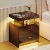 OUTDOOR DOIT Smart Nightstand with Wireless Charging Station/USB Port, White High-Gloss Storage Bedside Table, Night Stand has 2 Drawers,Body Sen