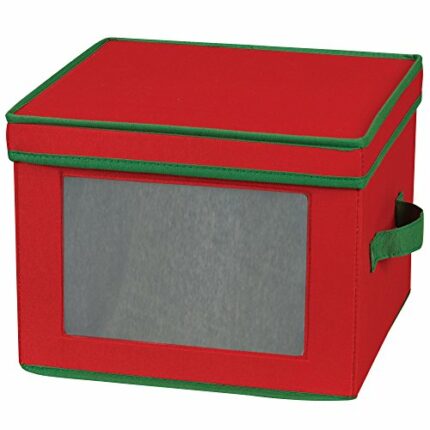 Household Essentials Dinner Plate Holiday Storage Chest,Red Canvas with Green Trim