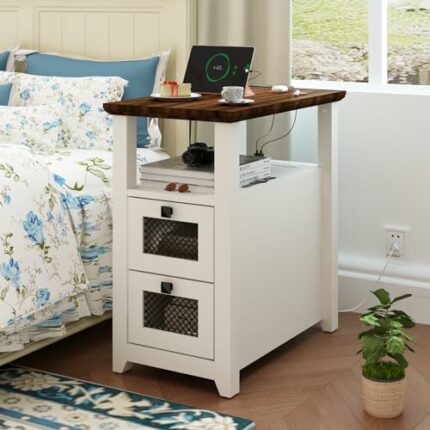 HDDDZSW Farmhouse XXL End Table with Charging Station, Narrow Side Table with USB Ports and Outlets, Nightstand with 2 Drawers Storage, Bedside T