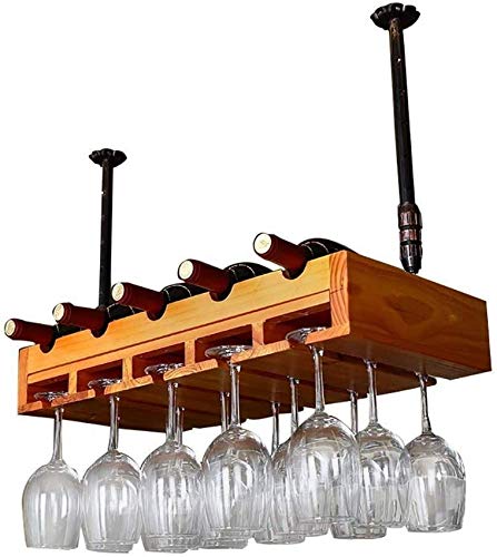 Solid Wood Hanging 5 Bottles Wine Rack Display Stand with 5 Wine Glass Card Slot, Adjustable Boom, Chestnut Color Modern Minimalist Design for Wi