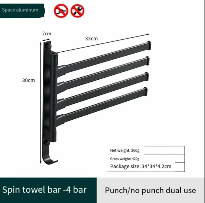 Swivel Towel Rack, Sviwel Towel Bar for Bathroom, Aluminum 4-Arm Towel Bar, Space Saving Wall Mounted Towel Holderwith Hook, Rustproof Swing Out