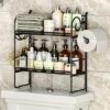 EKNITEY Flolding Over Toilet Storage - No Assembly Bathroom Organizer Shelf Above Toilet Storage Rack with Hooks and Paper Holder 2 Tier Black