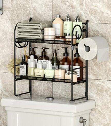 EKNITEY Flolding Over Toilet Storage - No Assembly Bathroom Organizer Shelf Above Toilet Storage Rack with Hooks and Paper Holder 2 Tier Black