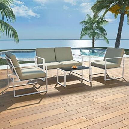 WODMB Garden Furniture 4 Pcs with Cushions Steel White Coffee Table with 5mm Thick Glass Table Top (Color : A, Size : One size)