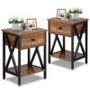 VECELO Bedside Table with Drawer and Shelf, No Slide Rails, Stable Metal Frame/Easy Assembly, Rustic Brown, Nightstand (Set of 2)