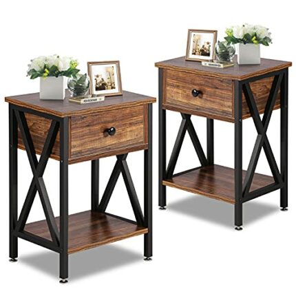 VECELO Bedside Table with Drawer and Shelf, No Slide Rails, Stable Metal Frame/Easy Assembly, Rustic Brown, Nightstand (Set of 2)