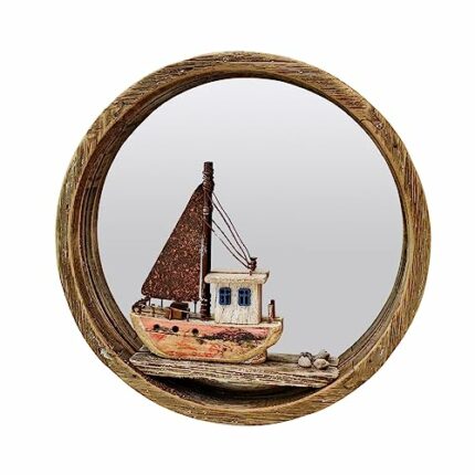 Linfevisi Round Wood Mirror Rustic Large Wall Mirrors Decor Solid Wood Frame Decorative Nautical Mirror with Sailboat Hanging Wooden Circle Mirro