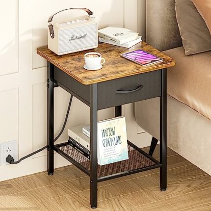 GYIIYUO Nightstand with Charging Station and Fabric Drawer, Side Table with Storage for Bedroom, Bedside Tables with Steel Frame - Rustic Brown
