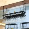 Wine racks Cafe Hanging with Glass Holder and Shelf, Black Adjustable Metal Ceiling Bar Wine Glass Rack, 2-Layer Industrial Iron Bottle Holder Wi